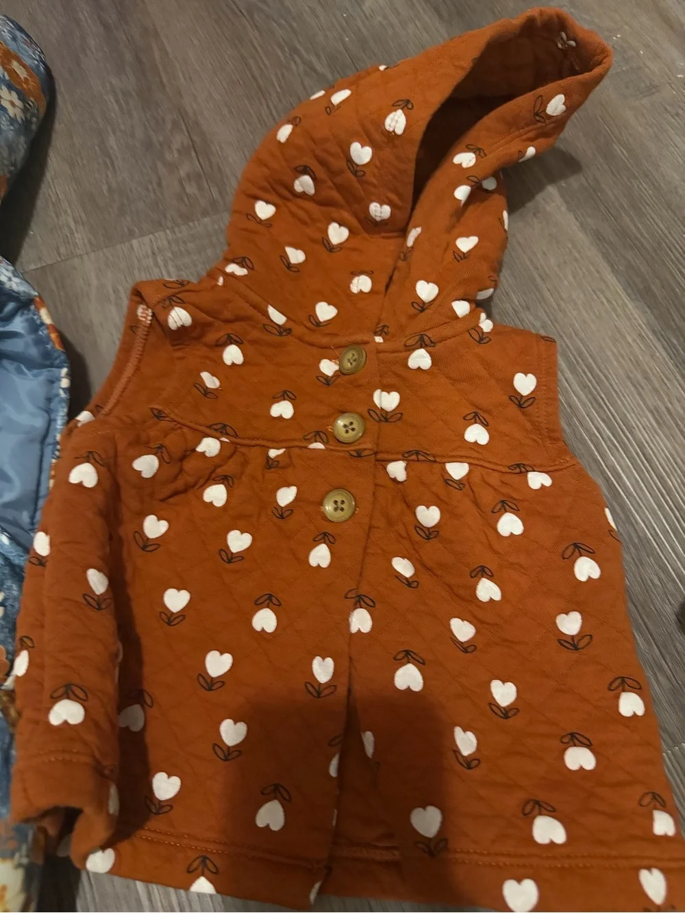 Girls' Blue Floral Puffer Jacket with Faux Fur Hood & Orange Heart Vest- 12 mth